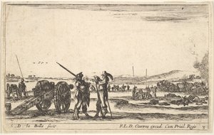 Planche 3 : Un officier donnant des ordres à un soldat au premier plan, canon à gauche, vers 1641