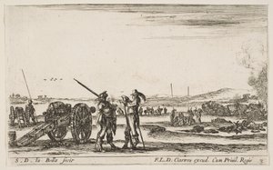Planche 3 : Un officier donnant des ordres à un soldat au premier plan, canon à gauche, f..., ca. 1641 - Stefano della Bella