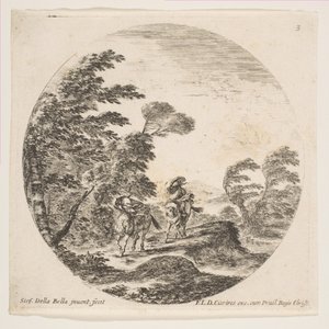 Planche 3 : une tempête dans la forêt, deux cavaliers enveloppés dans leurs manteaux, avec le vent souf..., vers 1646