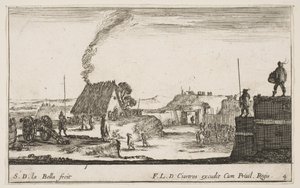Planche 4 : Un camp militaire avec un soldat debout sur un parapet à droite battant, vers 1641 - Stefano della Bella
