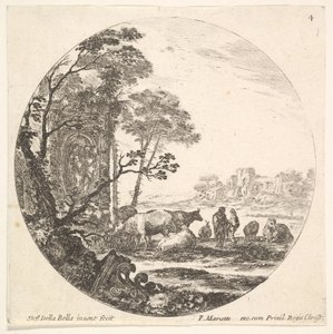 Planche 4 : un chapiteau corinthien au sol à gauche au premier plan, un monument..., vers 1643-48