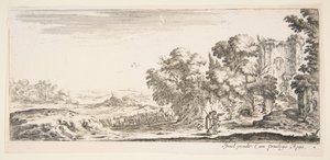 Planche 4 : deux pèlerins observant des ruines à droite, l