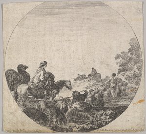 Planche 5 : une femme portant un enfant sur un cheval à gauche, un chameau la suivant, un troupeau, vers 1643-1648 - Stefano della Bella