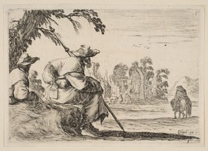 Planche 5 : deux pèlerins avec des chapeaux se reposent à gauche, vus de dos, un cavalier chevauche vers..., 1642