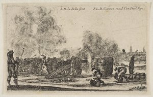 Planche 6 : batterie de canons tirant sur une ville, de Varii Capricci Militari