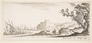 Planche 7: divers bateaux sur le rivage à gauche, un homme portant un sac vu de dos, vers 1641 - Stefano della Bella