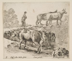 Planche 9 : une vache montant une berge, une paysanne menant deux vaches à travers un pont..., vers 1644-47 - Stefano della Bella