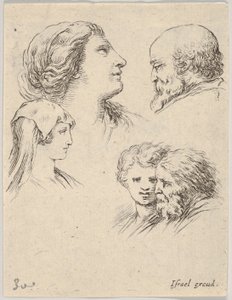 Planche 9 : cinq têtes, deux jeunes femmes à gauche, un homme barbu en haut à droite, une jeune femme..., vers 1649 - Stefano della Bella