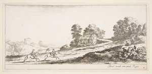 Deux cavaliers à gauche galopant en montée vers la droite, un cheval et un homme assis, vers 1641 - Stefano della Bella