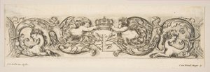 Rinceaux avec deux enfants tenant une couronne royale au-dessus de la lettre L, Planche 3 de: 