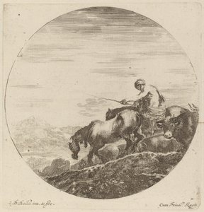 Berger à cheval conduisant un troupeau de divers animaux - Stefano della Bella