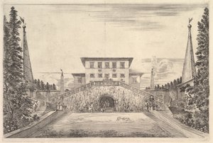 La villa au centre flanquée de quatre obélisques, un escalier de chaque côté, une statue, vers 1653