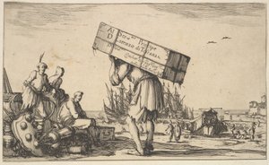 Page de titre : un homme portant une caisse sur son dos au centre, trois hommes le regardant..., 1639 - Stefano della Bella