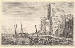 Tour de Calais, tour à droite, deux navires en mer à gauche et au centre, 1647 - Stefano della Bella