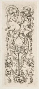 Deux têtes de chameaux face à face avec des corps se terminant en ornement, vers 1653