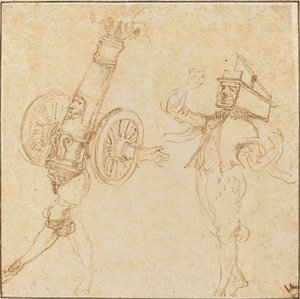 Deux hommes en costumes de mascarade : un canon tirant et un chat dans une souricière, vers 1645