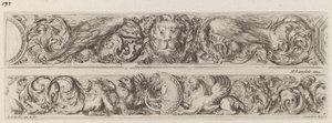 Deux bandes ornementales avec tête de lion et femme, probablement 1648