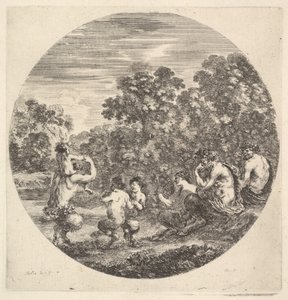 Deux satyres et un faune assis à droite regardant deux enfants satyres et un autre satyre..., ca. 1643-48