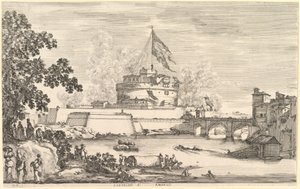 Vue du fleuve Tibre, un grand arbre à gauche, deux groupes de femmes à gauche au premier plan - Stefano della Bella