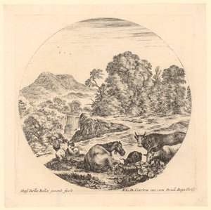Deux bergers près de leur troupeau, dans un paysage rocheux avec une cascade - Stefano della Bella