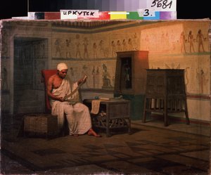 Prêtre égyptien lisant un rouleau de papyrus