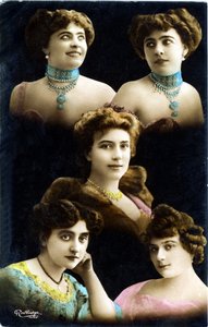 Carte postale du début du 20e siècle : mosaïque de visages de 5 jeunes femmes (photo)