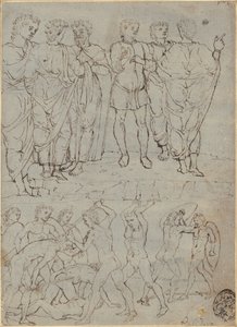 Six hommes conversant et dix nus combattant