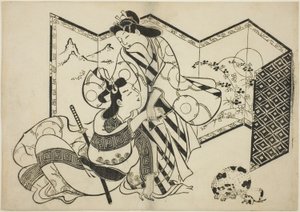 Amoureux, un chat et une souris devant un paravent - Sugimura Jihei