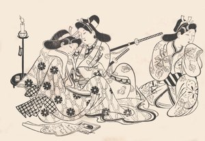 Samouraï et courtisane assis, un serviteur à côté d