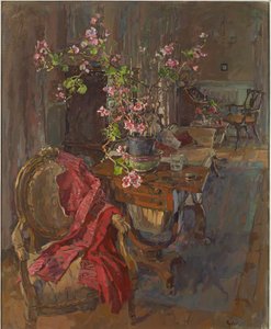 Manteau rouge avec géranium - Susan Ryder