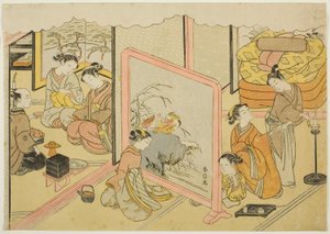 Une tasse de saké avant de se coucher (Toko sakazuki), la sixième feuille de la série "Mariage en estampes brodées, le char de la femme vertueuse (Konrei nishiki misao-guruma)" - Suzuki Harunobu