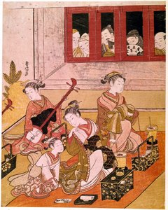 Courtisanes jouant de la musique exposées aux yeux des voyeurs Estampe japonaise de Haronobu Suzuki (1725-1770). Vers 1769. Dim. 0,27x0,21 m. Paris, Musée Guimet, Musée National des Arts Asiatiques