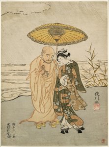 Daruma et une jeune femme sous la pluie