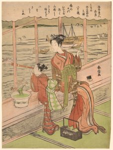 Cerisier à fleurs doubles : Motoura de la Minami Yamasakiya (Minami Yamasakiya uchi Motoura, Yaezakura), de la série "Beautés du monde flottant comparées aux fleurs (Ukiyo bijin hana ni yosu)" - Suzuki Harunobu