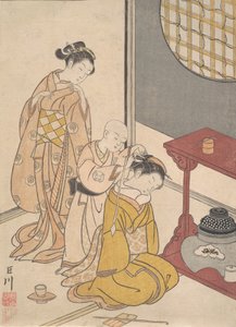 Pluie nocturne au double-étagère, de la série Huit vues de salon Zashiki hakk..., vers 1766 - Suzuki Harunobu