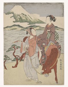 Homme et femme fumant à cheval - Suzuki Harunobu