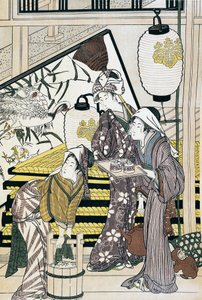 Serviteurs travaillant à la maison, estampe ukiyo-e par Suzuki Harunobu (1725-1770), gravure sur bois, civilisation japonaise, période Edo