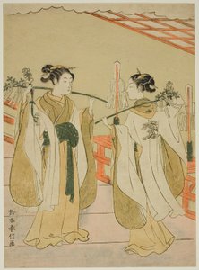 Les prêtresses Onami et Ohatsu dansant au sanctuaire Yushima Tenjin - Suzuki Harunobu