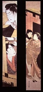 Le rendez-vous : deux amants à une porte, vers 1768 (impression sur bois en couleur) - Suzuki Harunobu