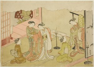 La Mariée changeant de vêtements (Iro-naoshi), la cinquième feuille de la série "Mariage en Gravures Brodées, le Carrosse de la Femme Vertueuse (Konrei nishiki misao-guruma)"