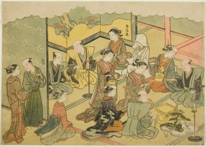 Le saké cérémonial, la quatrième feuille de la série "Mariage en estampes brodées, le char de la femme vertueuse"