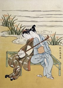 Le shamisen : couple jouant du shamisen (ou samisen : luth à manche long avec trois cordes) - par Harunobu, dans « Japon artistique », juillet 1890