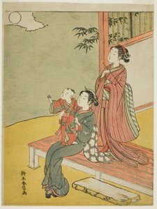 Deux femmes et un enfant regardant la pleine lune - Suzuki Harunobu