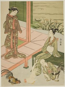 Regarder un combat de coqs au bord de la véranda - Suzuki Harunobu