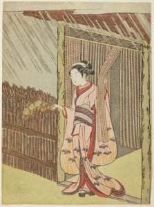 Femme tenant une branche de fleurs de Kerria sous la pluie (parodie d
