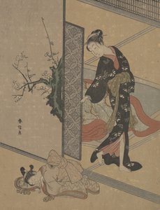Jeune femme regardant par la porte son petit serviteur Kamuro endormi par terre - Suzuki Harunobu