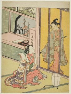 Jeune homme et femme parlant à travers un store en bambou - Suzuki Harunobu