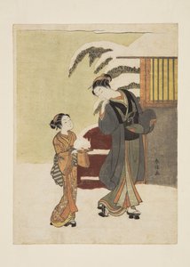 Jeune femme admirant un lapin de neige - Suzuki Harunobu