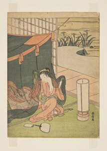 Jeune femme sortant de la moustiquaire (estampe sur bois en couleur)