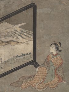 Jeune femme avec une pipe à la main regardant un paysage peint sur un écran - Suzuki Harunobu